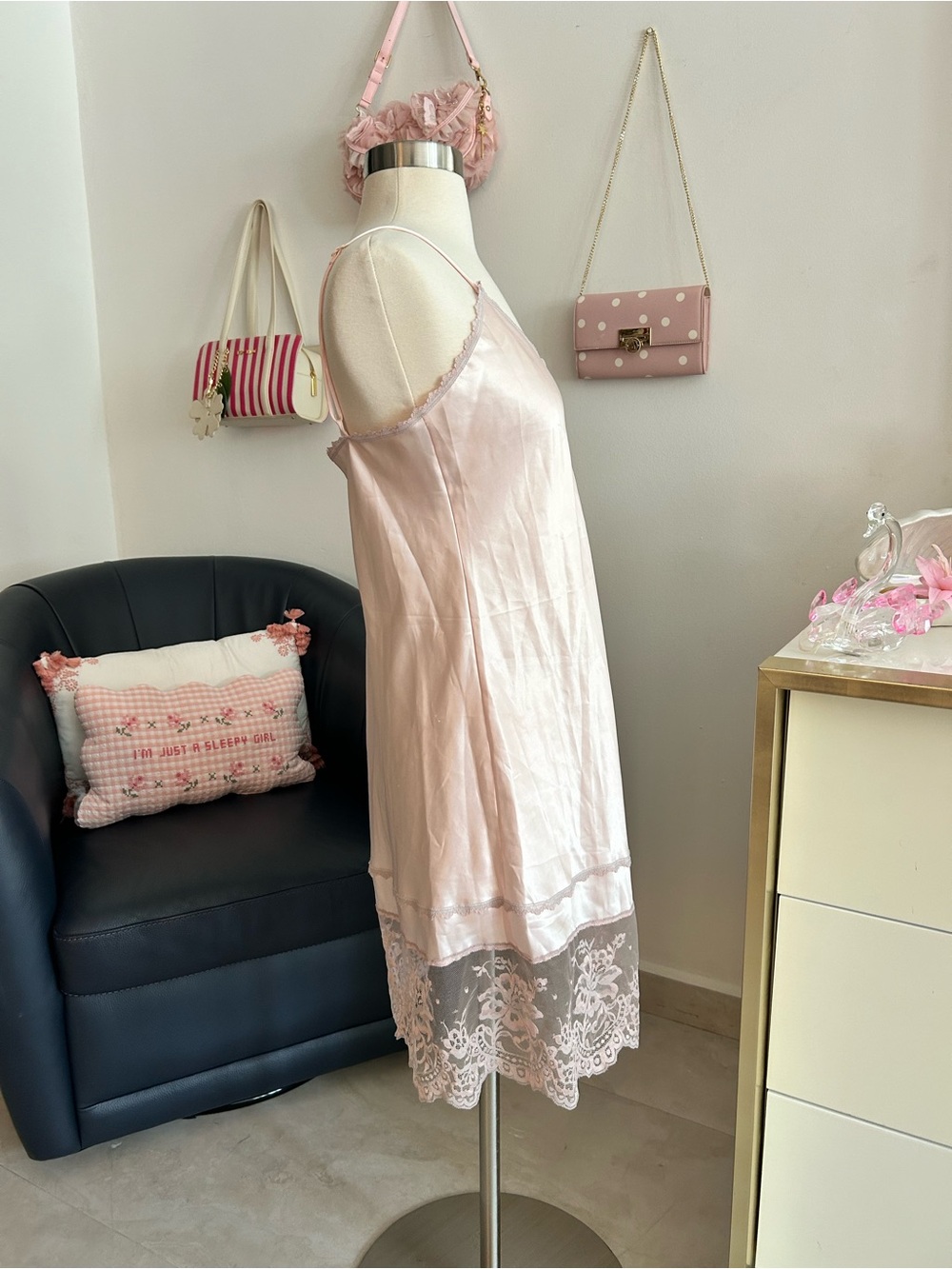 Vintage Bow Coquette Silky Lace-Trim Pink Slip Dress - Women's Intimates - Picture 4 of 8